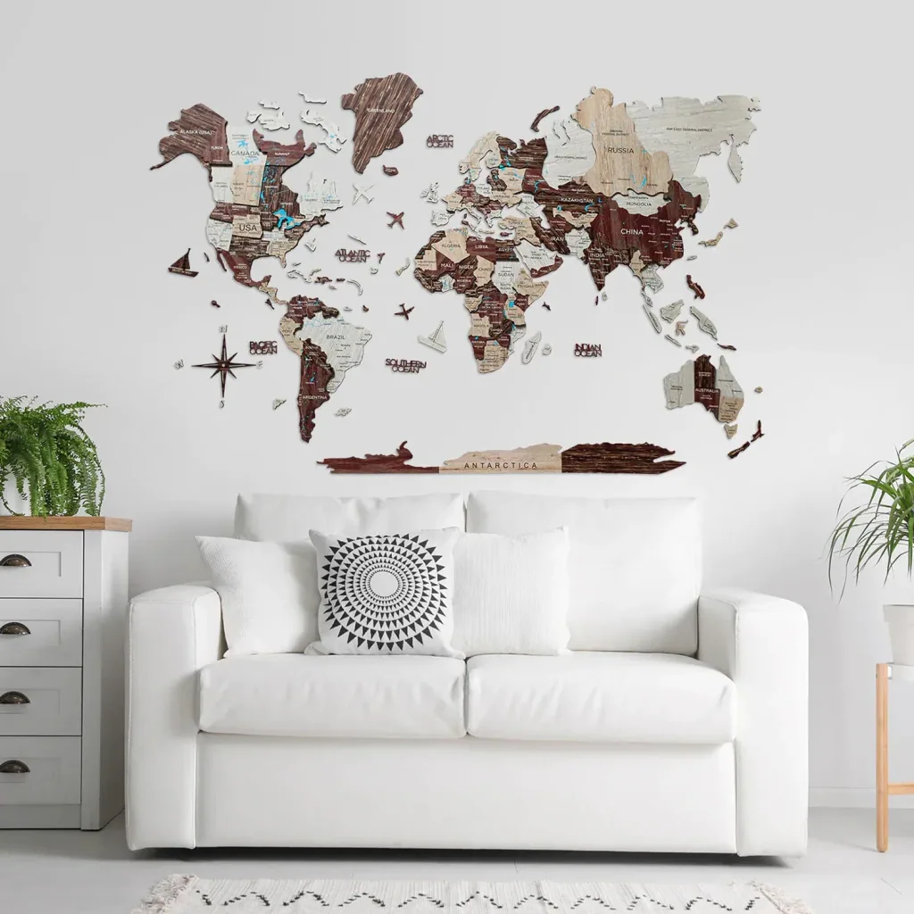 Weltkarte Holz, Landkarte Welt, Weltkarte Wanddeko 3D - Enjoy The Wood, Cappuccino Prime, Weltkarte Größe: L