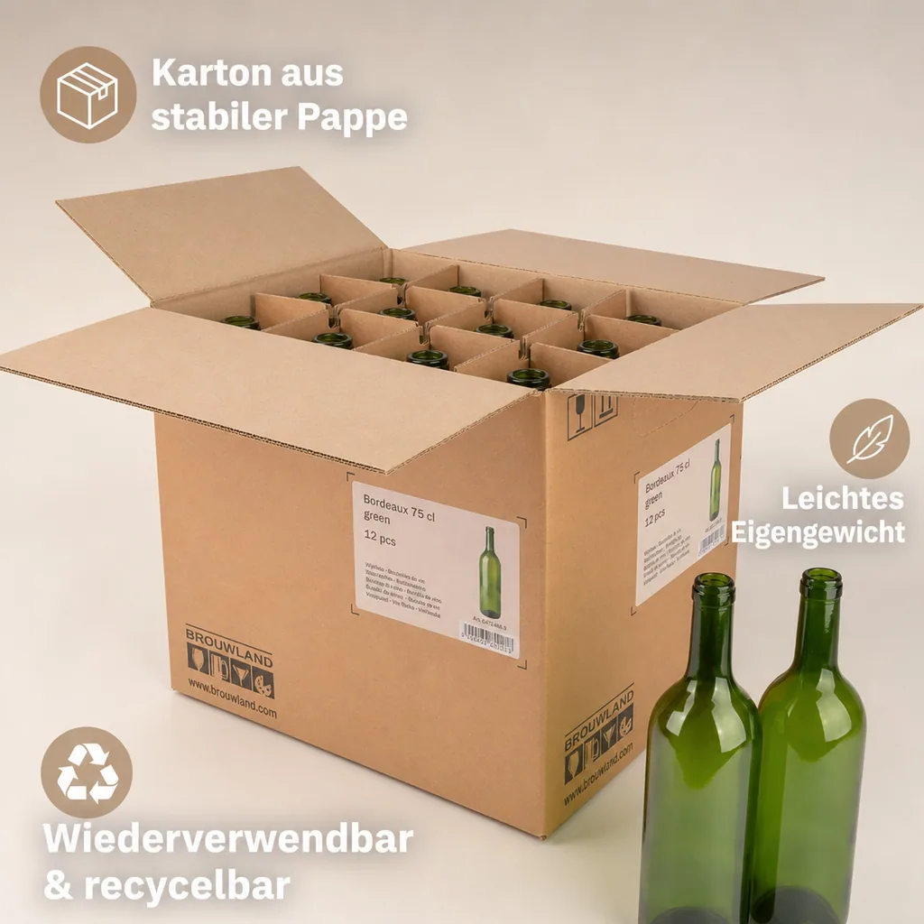 12er Weinflaschen-Karton (Bordeaux 75 cl) - Stabile & umweltfreundliche Flaschenaufbewahrung, Farbe: grün