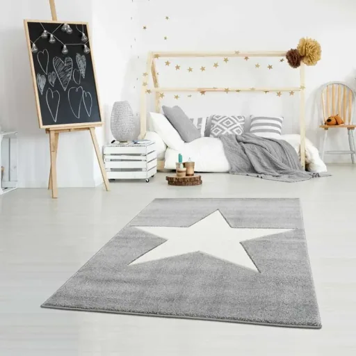 Livone Kinderteppich Stern weiss auf grau, Teppichgrösse: 120 x 180 cm