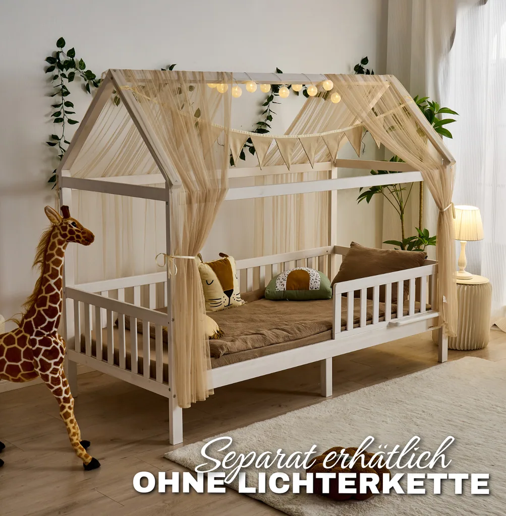 Alavya Home Hausbett Deko-Set 150x350 cm, 3-teilig: 2 Betthimmel + Wimpelkette, Beige (ohne Lichterkette)