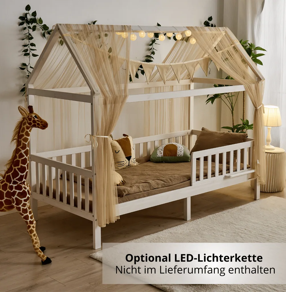 Alavya Home Hausbett Deko-Set 150x350 cm, 3-teilig: 2 Betthimmel + Wimpelkette, Beige (ohne Lichterkette)