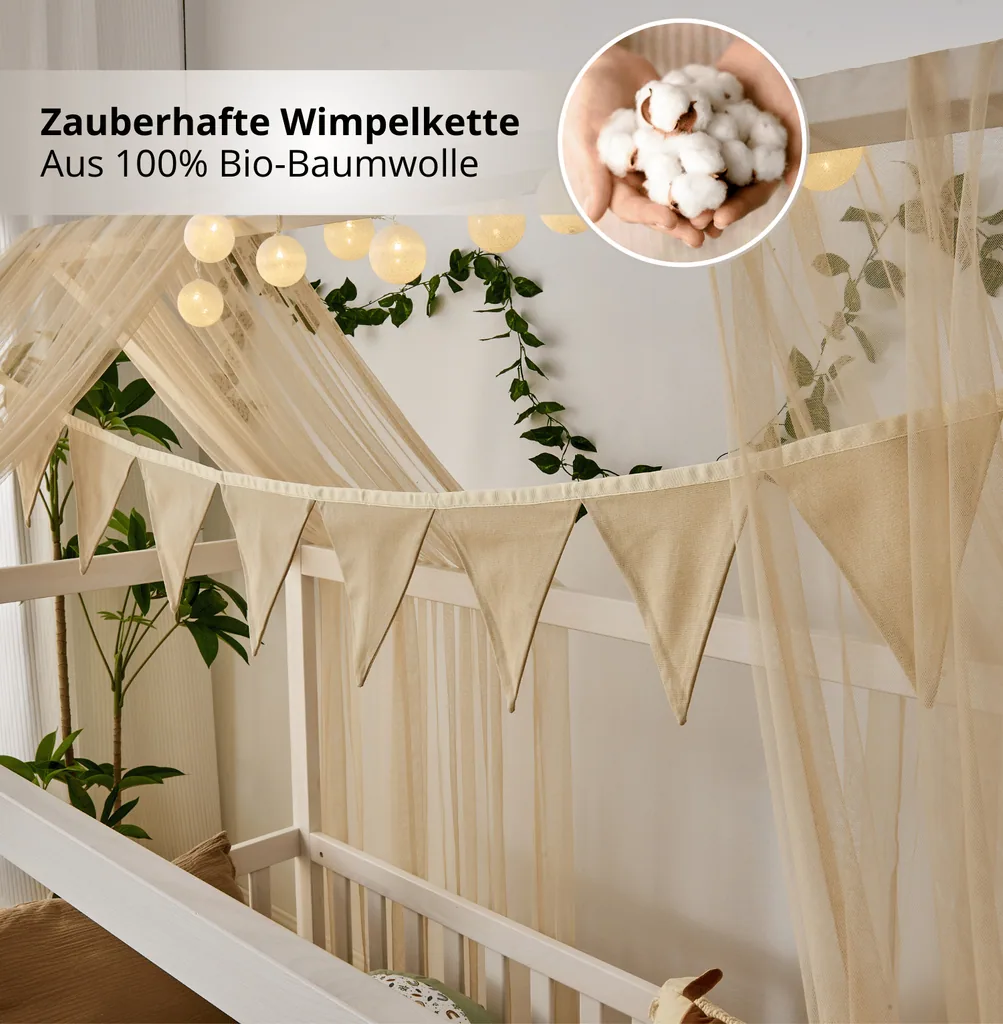 Alavya Home Hausbett Deko-Set 150x350 cm, 3-teilig: 2 Betthimmel + Wimpelkette, Beige (ohne Lichterkette)