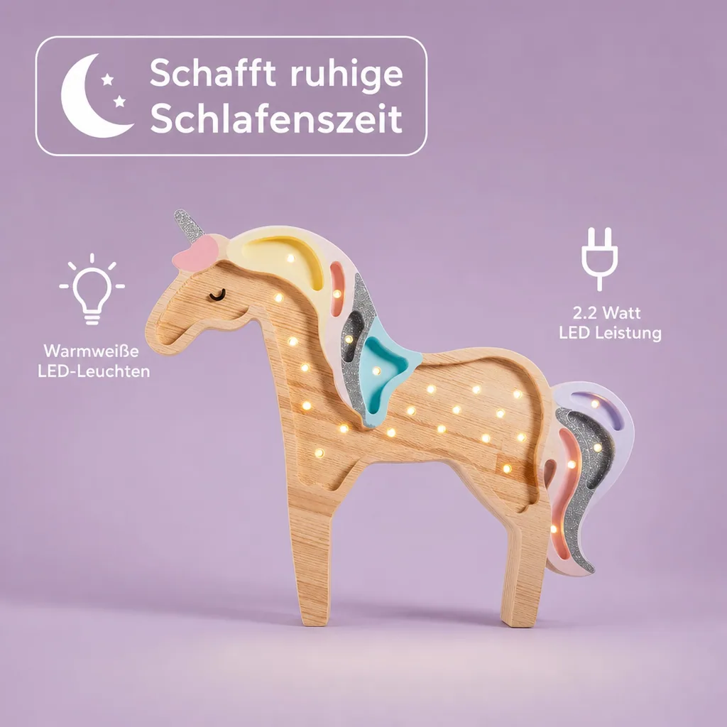 Little Lights Nachtlicht Kinder, Nachtlampe Einhorn - 100% Kiefernholz natur, Farbe: Regenbogenholz
