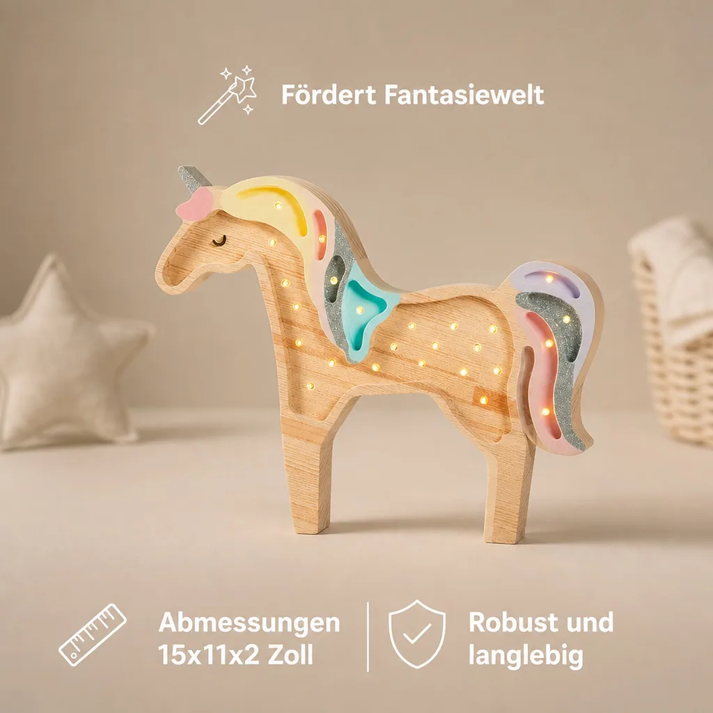Little Lights Nachtlicht Kinder, Nachtlampe Einhorn - 100% Kiefernholz natur, Farbe: Regenbogenholz