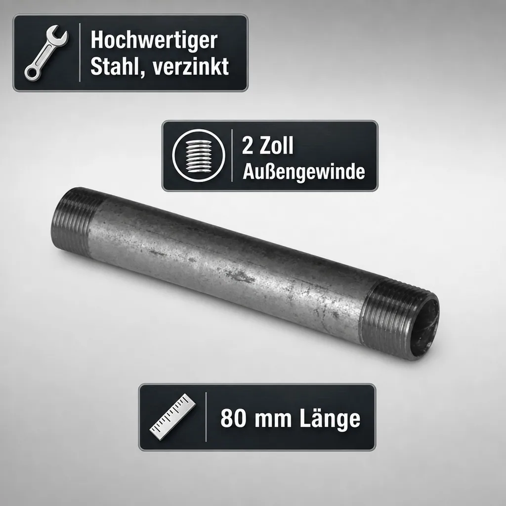 Rohrnippel 2 Zoll, Gewindefitting verzinkt, 2" AG x 2" AG 80 mm, Stahlrohrnippel