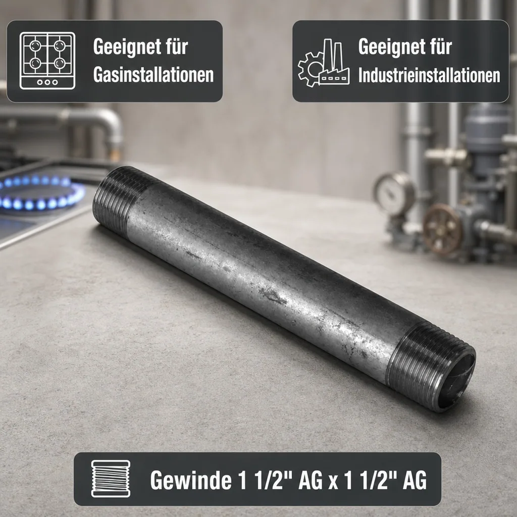 Rohrnippel, Gewindefitting, verzinkt, 1 1/2" AG x 1 1/2" AG, 250mm