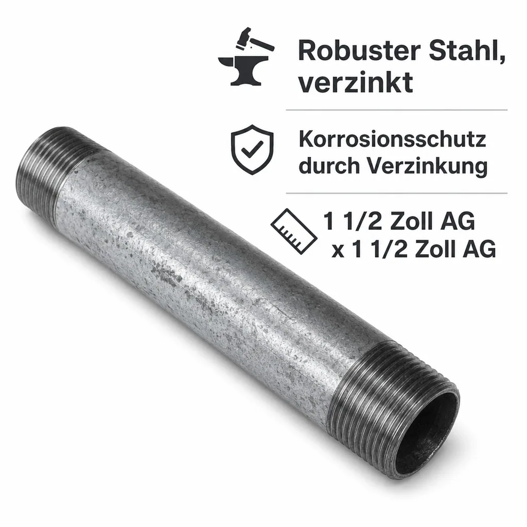 Rohrnippel, Gewindefitting verzinkt, 1 1/2 Zoll AG x 1 1/2 Zoll AG, 300mm