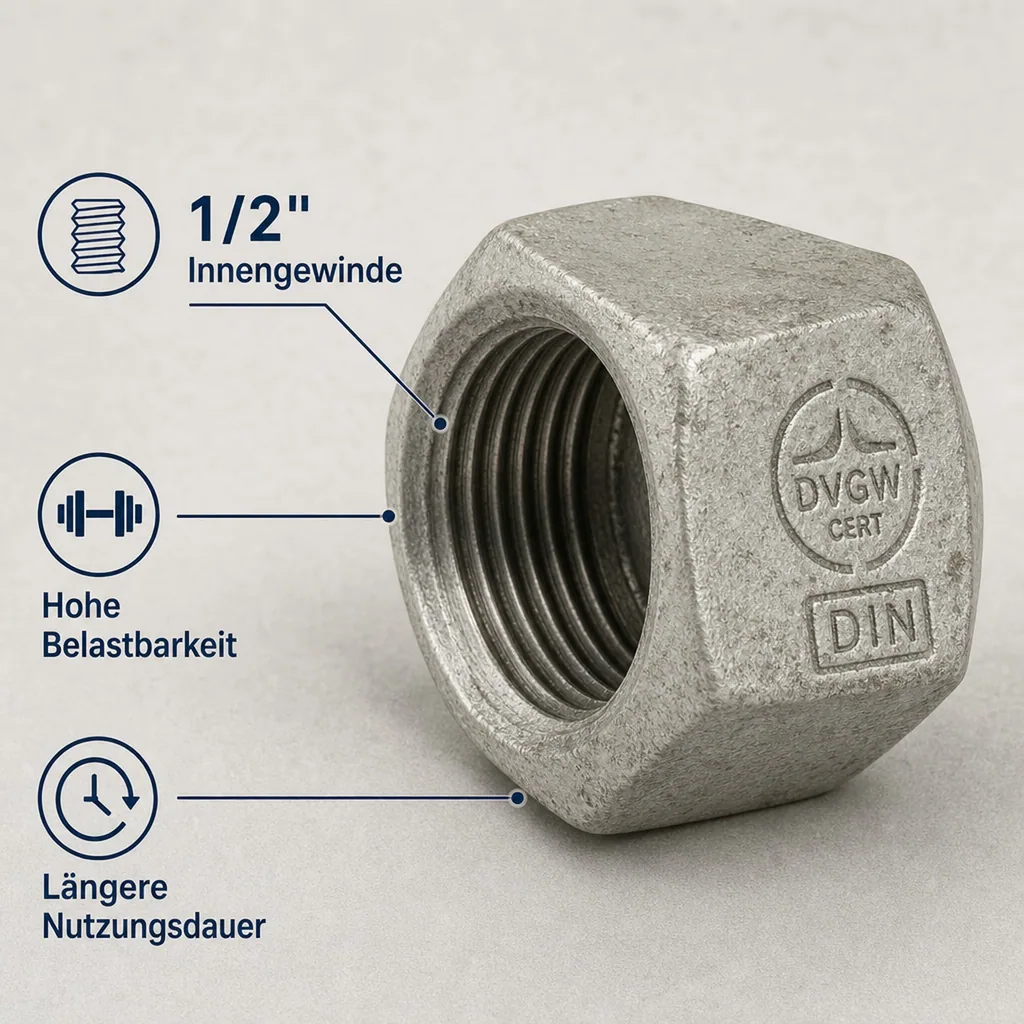 Gewindefitting, Temperguss Kappe, Hexagon 1/2" IG