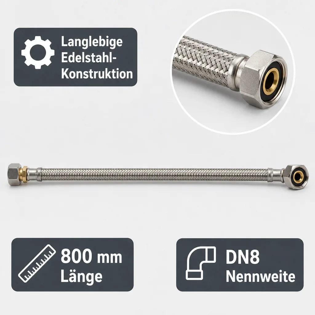 Panzerschlauch, Edelstahl, Flexschlauch, 3/8 Zoll, 800mm, DVGW