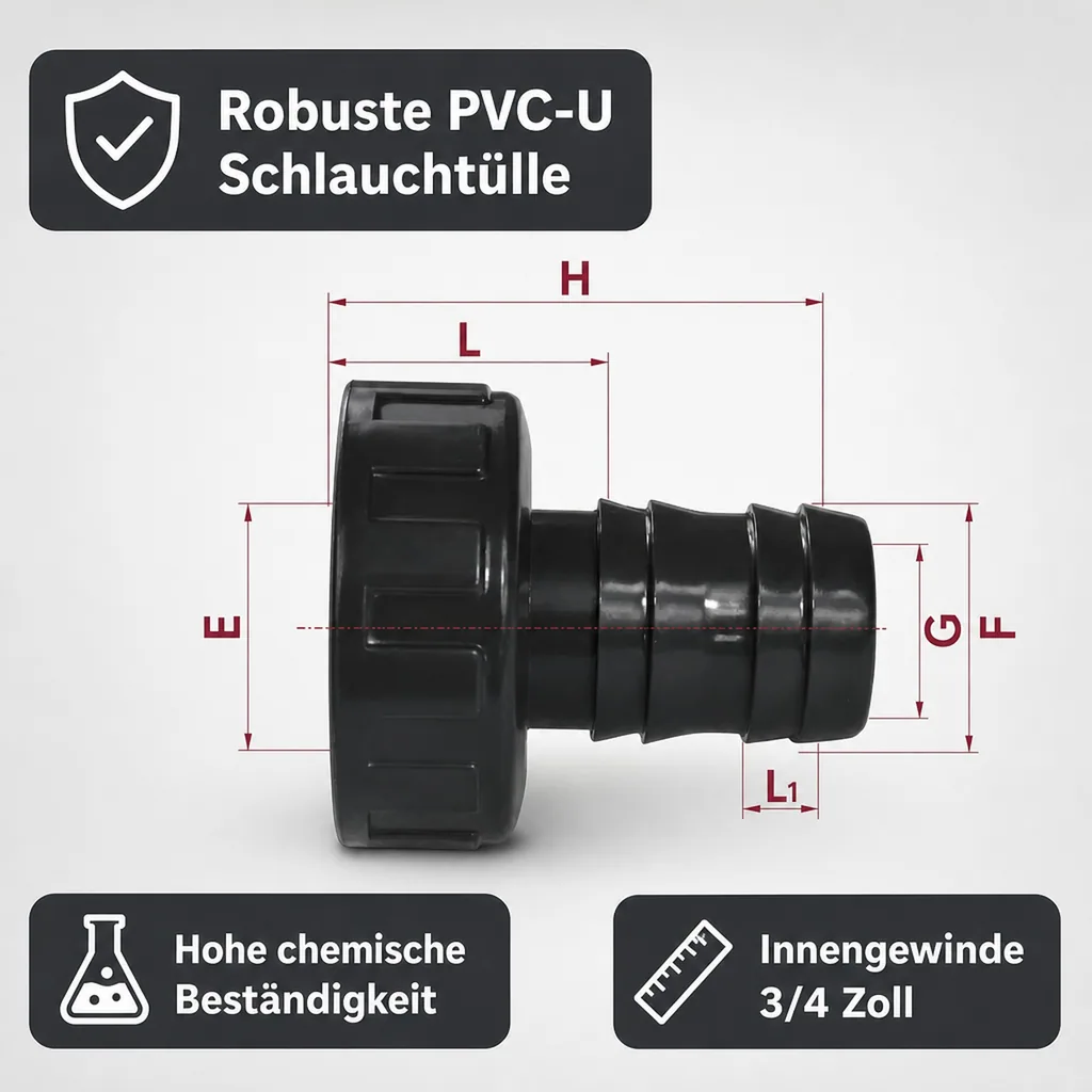 Schlauchtülle 3/4 Zoll, PVC, mit Überwurfmutter, 18mm