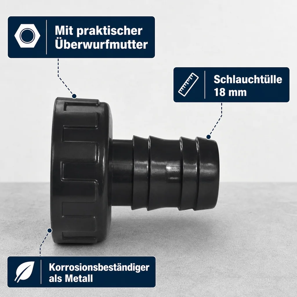 Schlauchtülle 3/4 Zoll, PVC, mit Überwurfmutter, 18mm