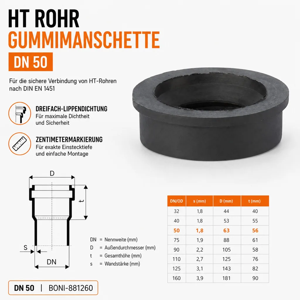 HT Rohr Gummimanschette DN 50, Abwasserrohr Dichtung, Muffe