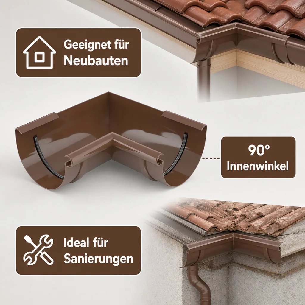 Regenrinne Eckstück, Innen 90°, braun, System 75