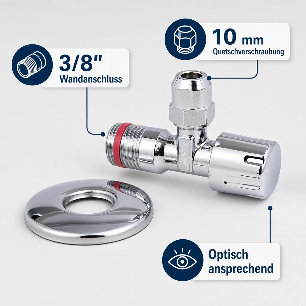 Eckventil 3/8", selbstdichtend, verchromt, mit Rosette