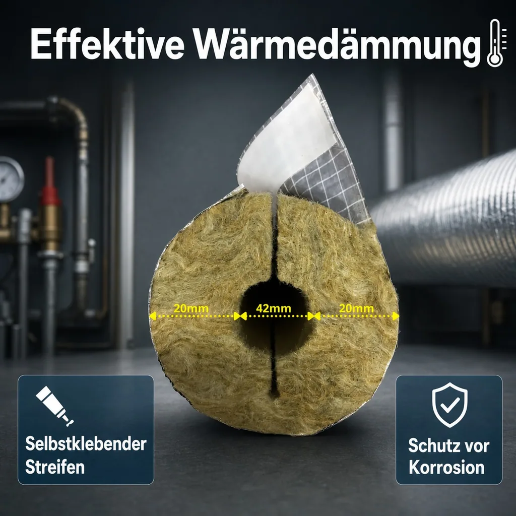 Rohrisolierung, Heizungsrohr Isolierung, Steinwolle, Alu, 42mm, 20mm, 1m