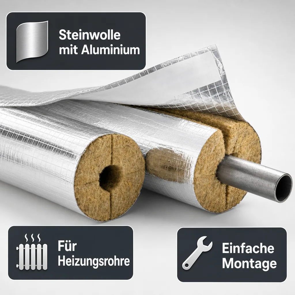 Rohrisolierung, Heizungsrohr Isolierung, Steinwolle, Alu, 42mm, 20mm, 1m