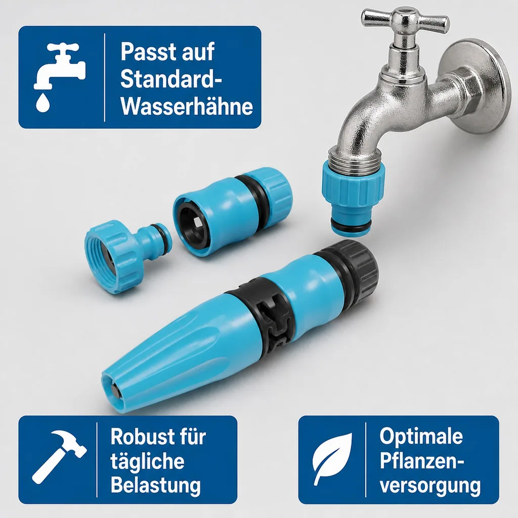 Gartenschlauch Set, 1/2 Zoll Schlauchkupplung, Wassersprenger, Wasserhahnanschluss 3/4 Zoll