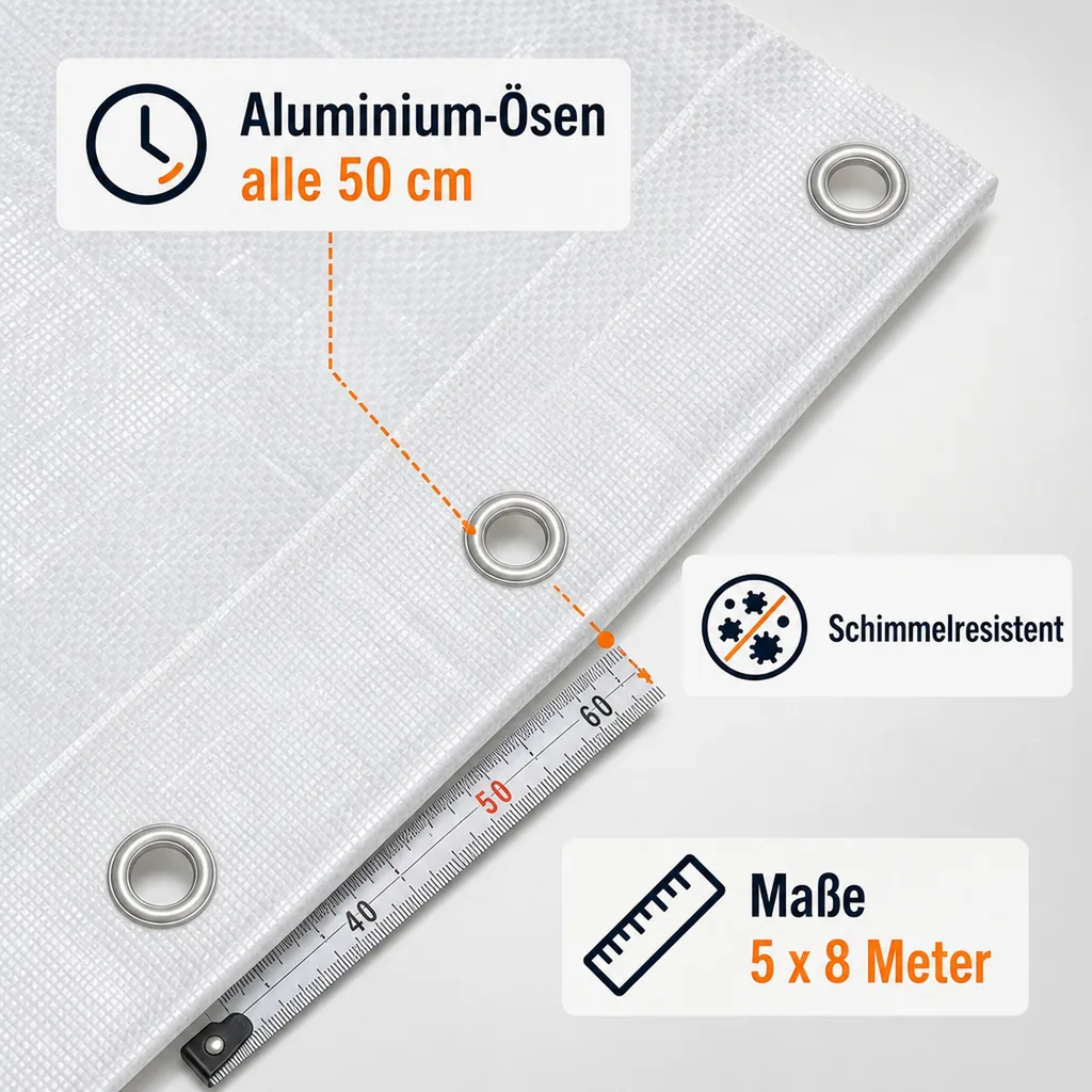 Abdeckplane, wasserdicht, 180 g/m², 5 x 8 (40m²), weiss, reißfest