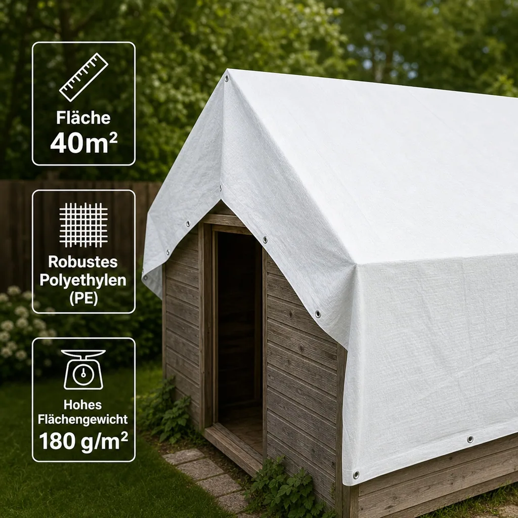 Abdeckplane, wasserdicht, 180 g/m², 5 x 8 (40m²), weiss, reißfest