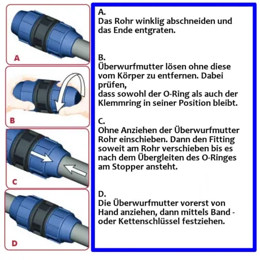 PE Rohr Verschraubung, Endkappe 25mm, Klemmfitting, Trinkwasser, PP/PE