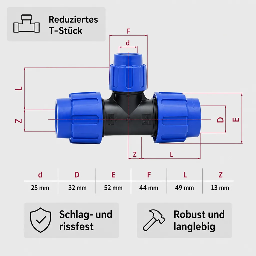 PE Rohr Verschraubung, T-Stück reduziert 32x25x32, Klemmfitting, Trinkwasser