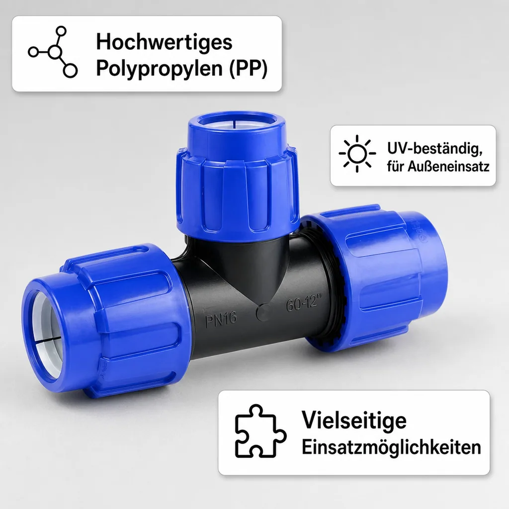 PE Rohr Verschraubung, T-Stück reduziert 40x32x40, Klemmverbinder Rohr