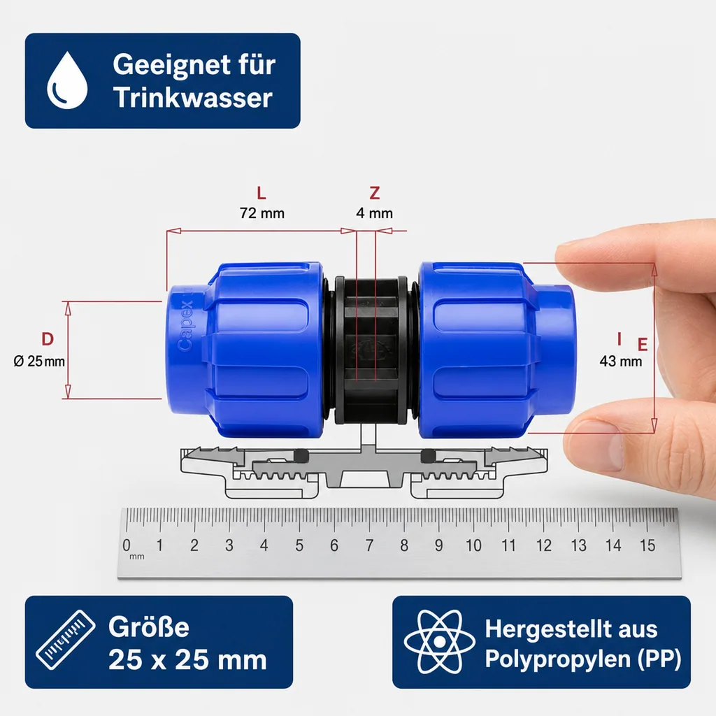 PE Rohr Verschraubung 25mm, Klemmfitting, Rohrverbinder, Trinkwasser, Kupplung Muffe