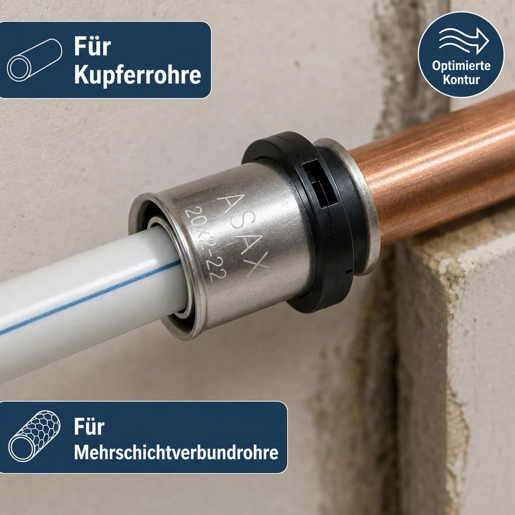 Pressfitting, Kupferrohr Pressfitting, Rohr Übergang 20x2-22mm, DVGW