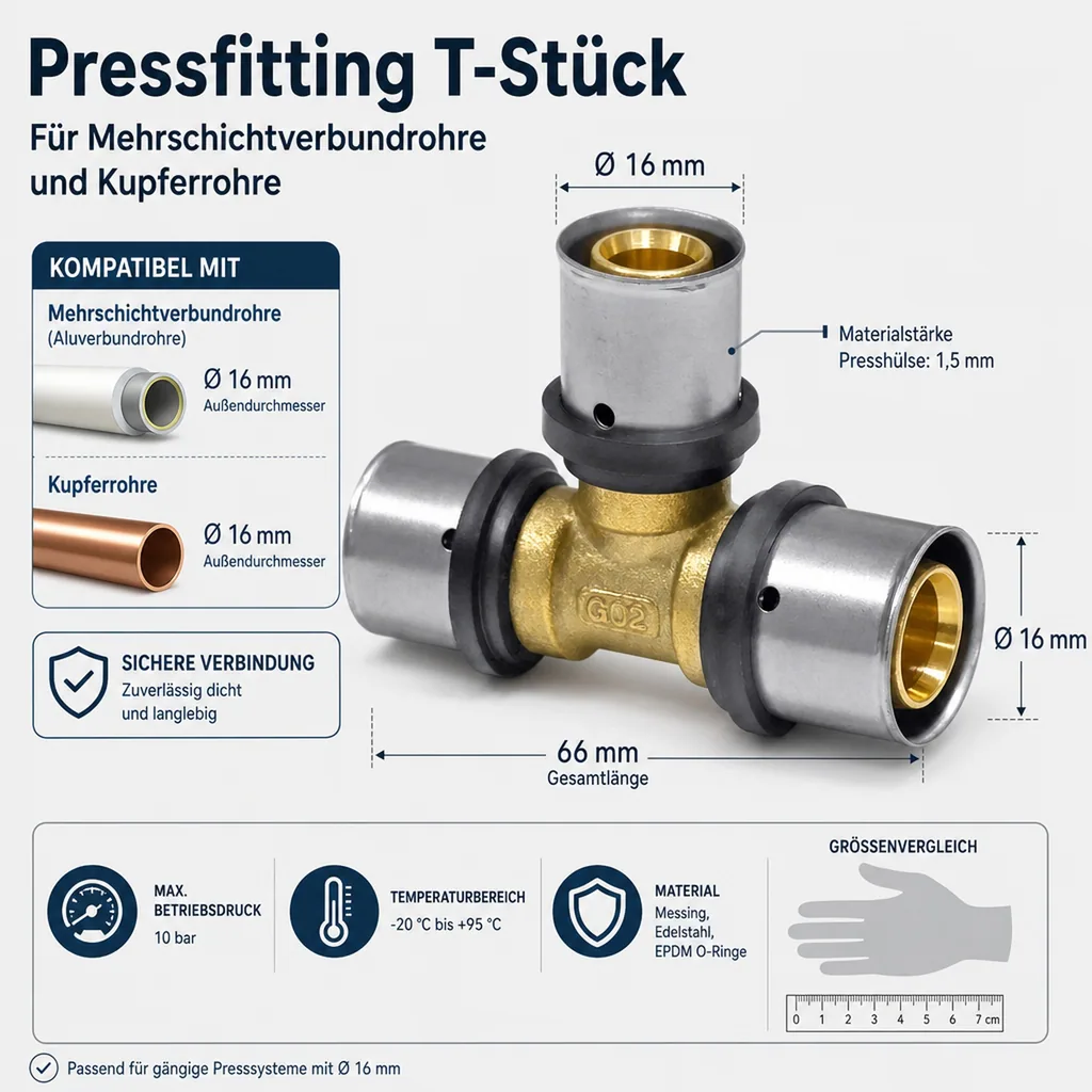 Pressfitting T-Stück, reduziert 26x3-16x2-26x3, Pressverbinder