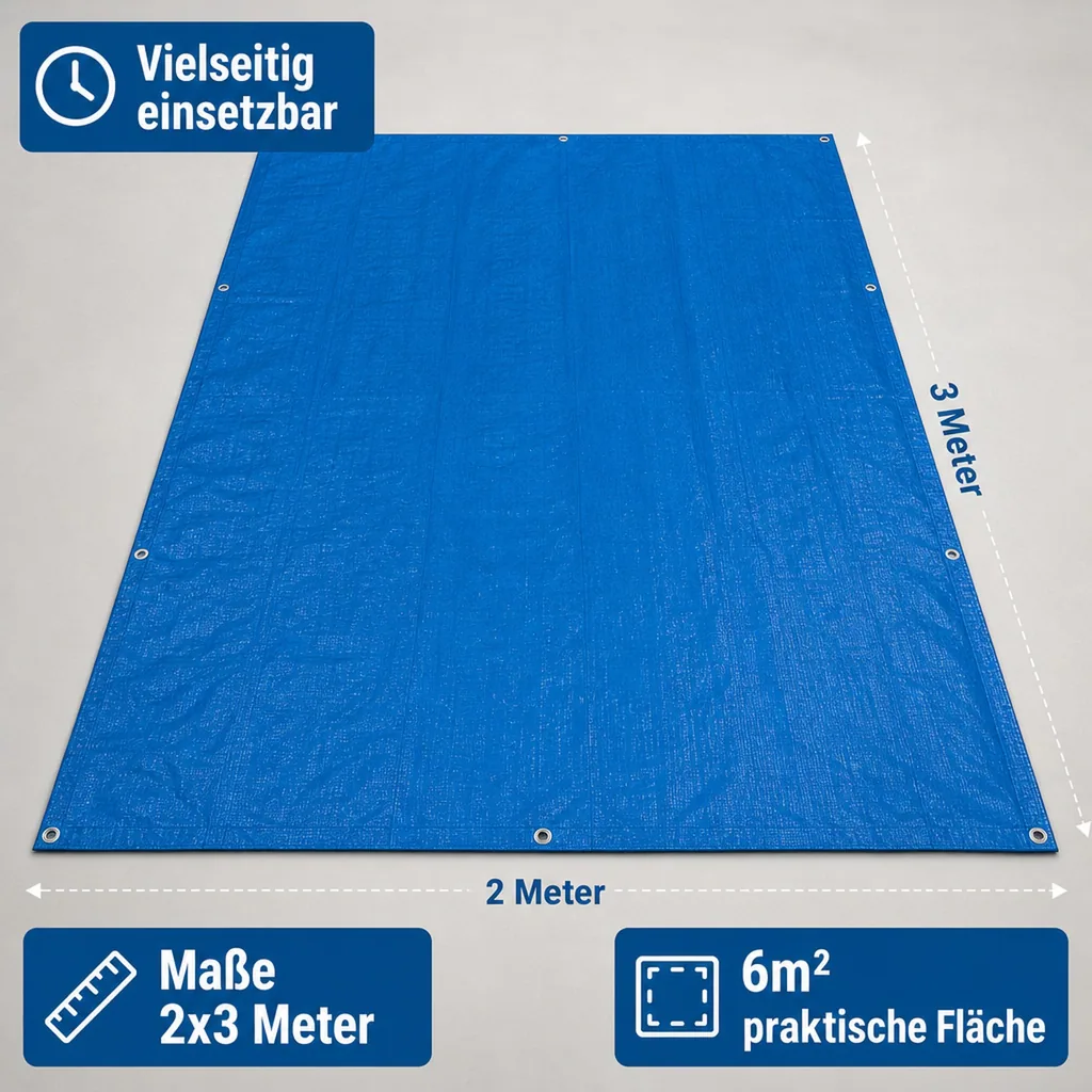 Gewebeplane blau 70g/m², Abdeckplane, reißfest, wasserabweisend, mit Ösen, 2x3m (6m²)