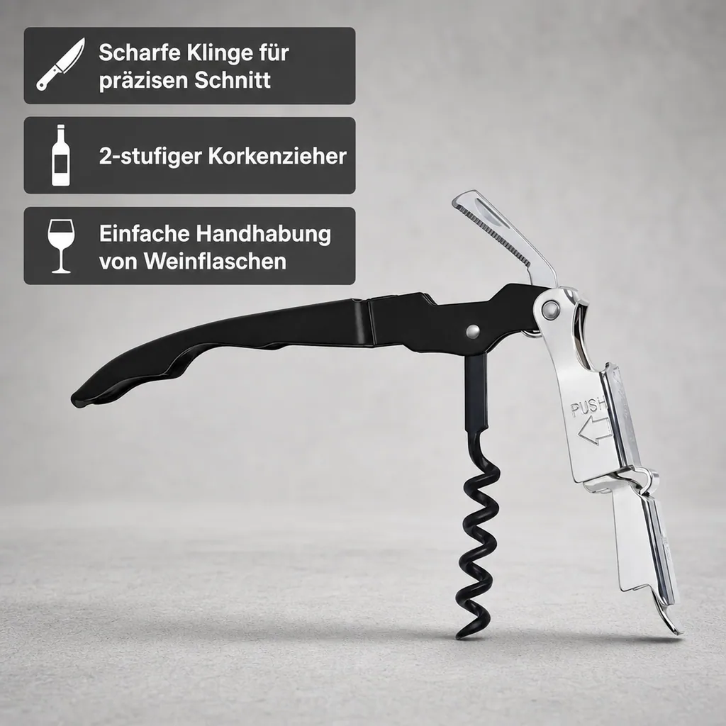 RAPIDO Kellnermesser, Sommeliermesser mit Kapselheber, Schwarz beschichtet, Hochwertiger Edelstahl