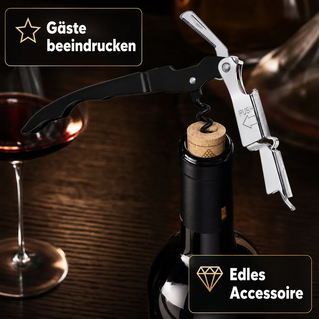 RAPIDO Kellnermesser, Sommeliermesser mit Kapselheber, Schwarz beschichtet, Hochwertiger Edelstahl