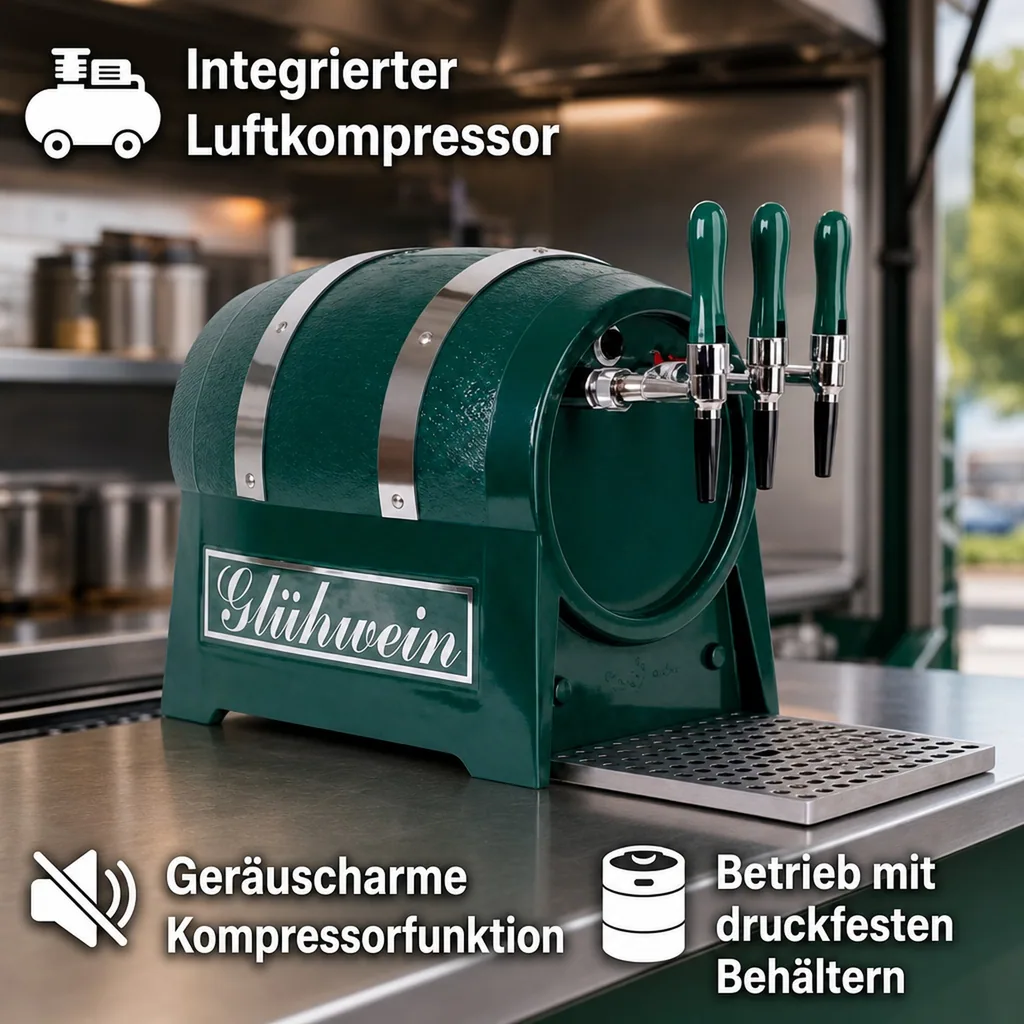 Glühweinzapfanlage, Getränke-Durchlauferhitzer, 3-leitig mit integriertem Luftkompressor, 9kW, Fassformgehäuse