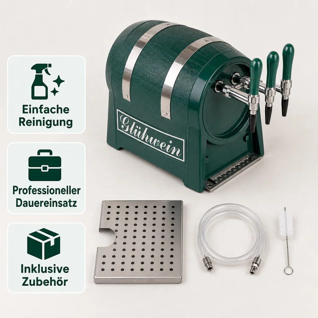 Glühweinzapfanlage, Getränke-Durchlauferhitzer, 3-leitig mit integriertem Luftkompressor, 9kW, Fassformgehäuse
