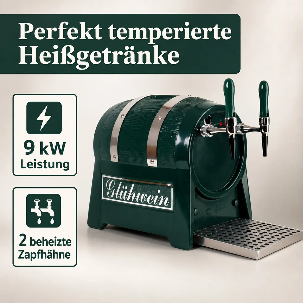 Glühweinzapfanlage, Getränke-Durchlauferhitzer, 9kW, Fassform, mit elektrischer Pumpe, 2-leitig