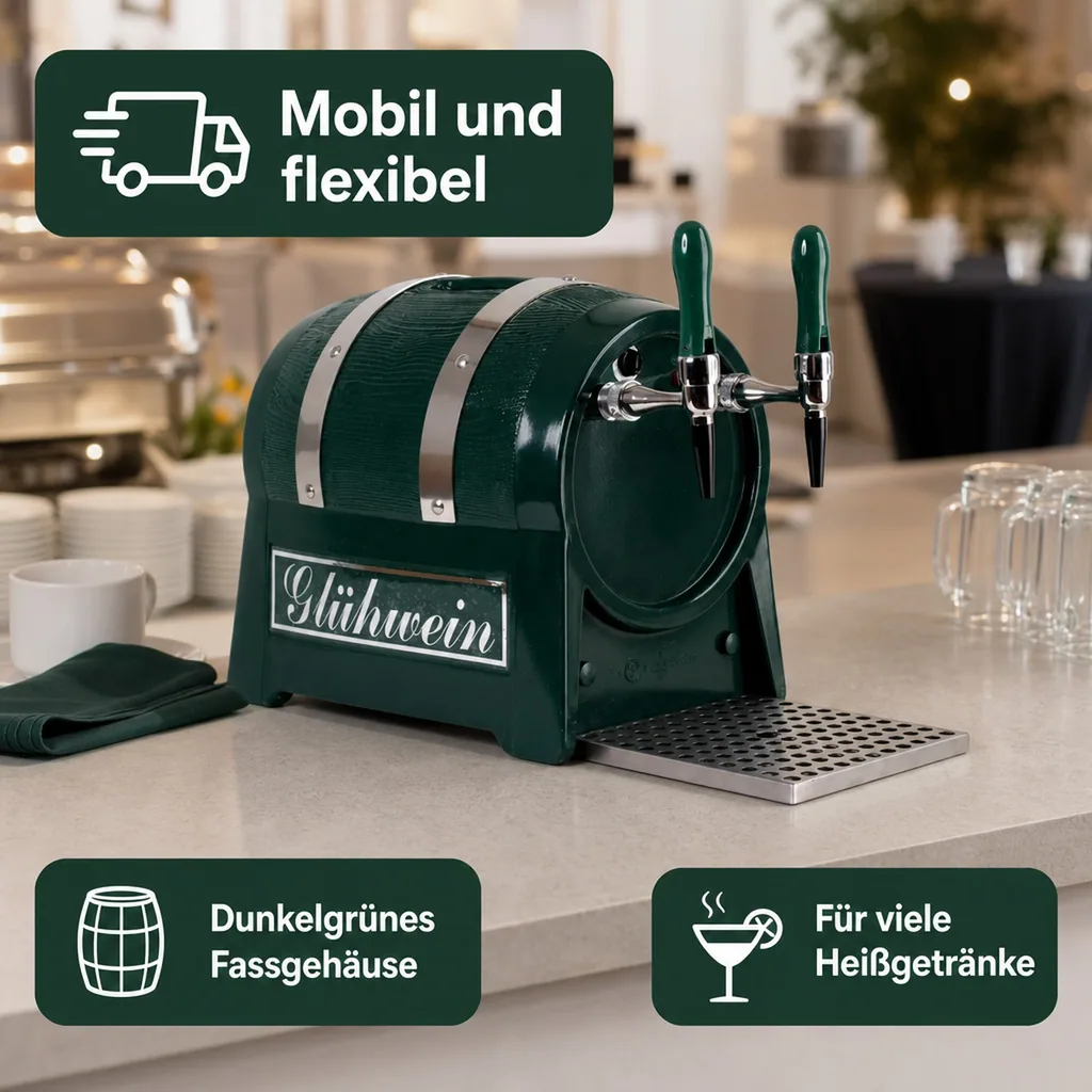 Glühweinzapfanlage, Getränke-Durchlauferhitzer, 9kW, Fassform, mit elektrischer Pumpe, 2-leitig