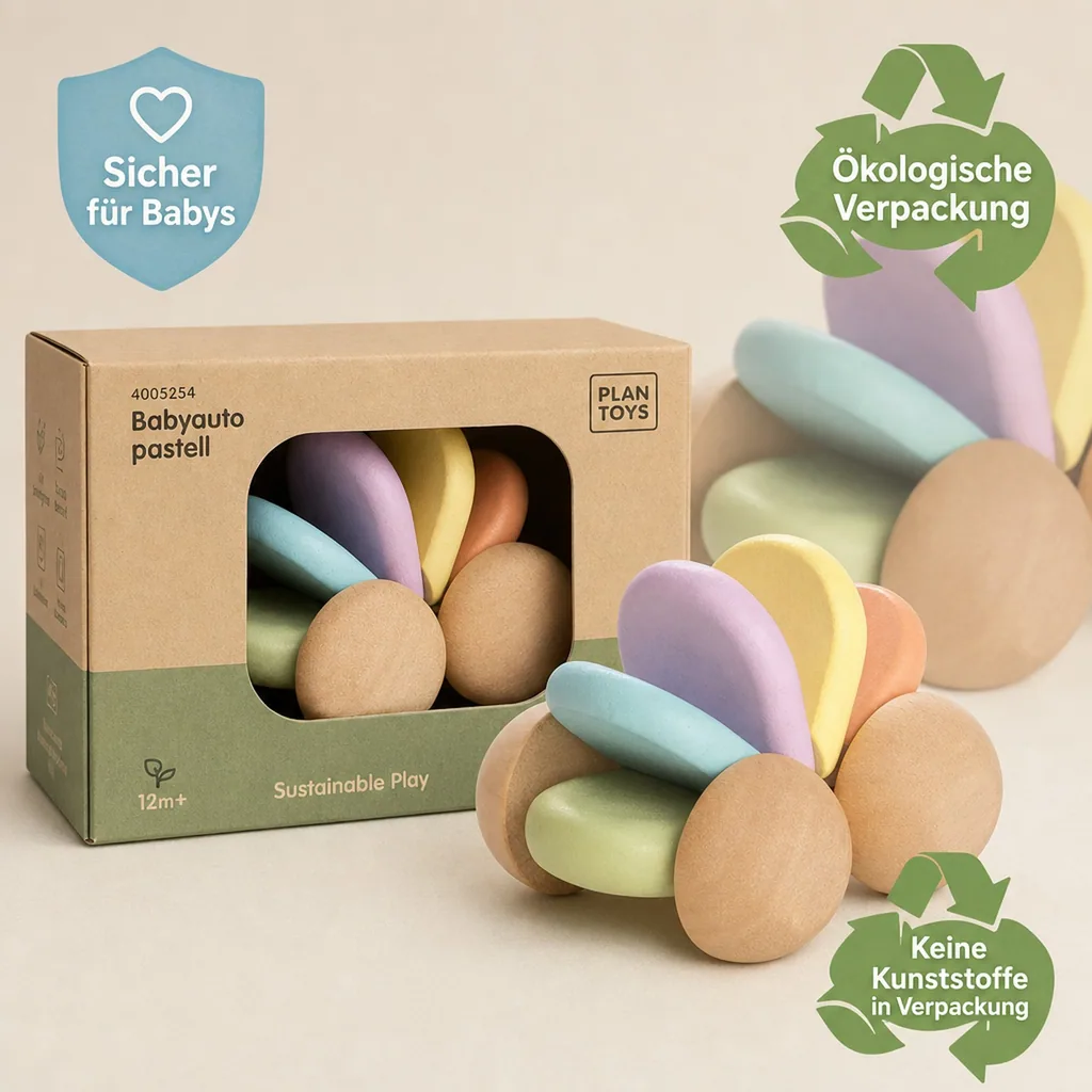 Plan Toys - Babyauto pastell, Gummibaumholz
