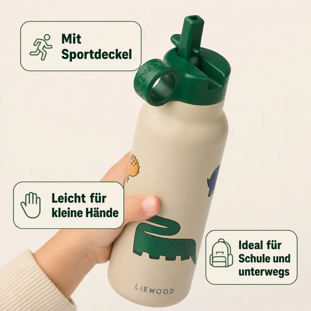 Liewood Kinder Wasserflasche, Trinkflasche Falk 350 ml - Recycelter Edelstahl, Isoliert, Auslaufsicher, Farbe: Dinosaurier / Nebel