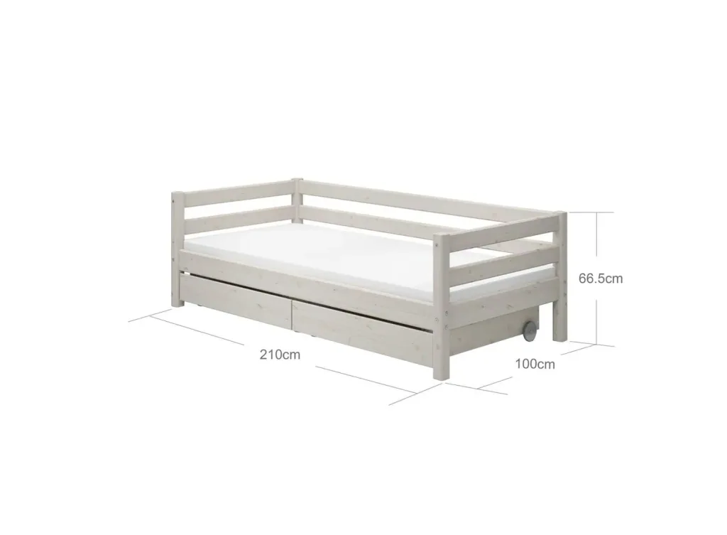 FLEXA Classic Kinderbett, Einzelbett - Gemütliches Sofa-Bett mit 2 Schubladen & Skandinavischem Design, 90x200 cm, Farbe: Weiß gewaschene Kiefer