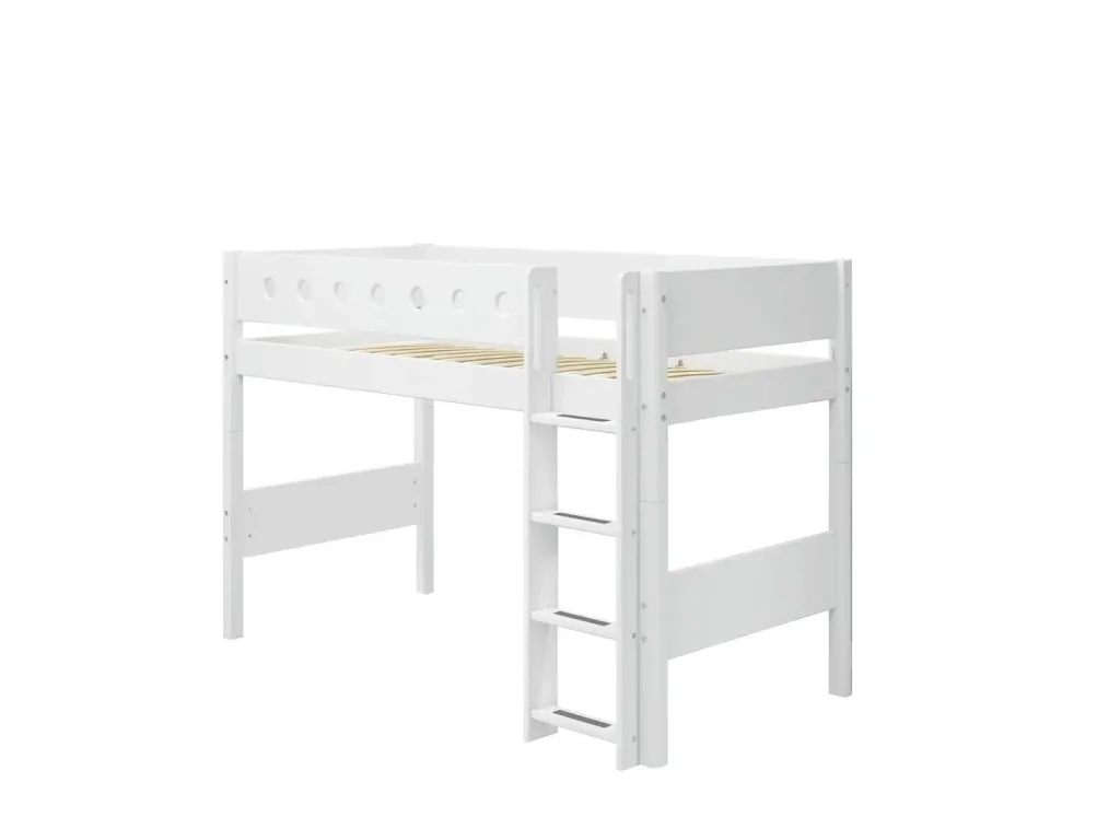 FLEXA Hochbett, Mittelhohes Bett - Mitwachsendes, Kinderbett mit Stauraum, 90x200 cm, Farbe: weiss