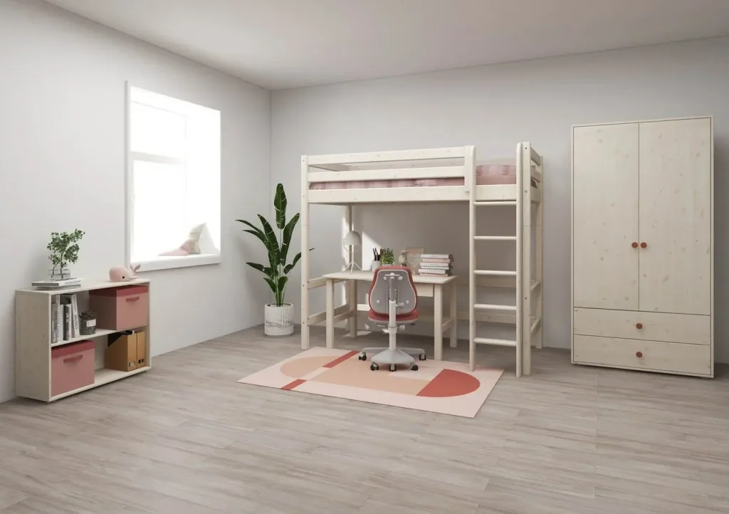 FLEXA Classic Etagenbett, Hochbett, Kiefer - Sicheres & Mitwachsendes Kinderhochbett mit Rutschfester Leiter, 90x200 cm, Farbe: Weiß gewaschene Kiefer
