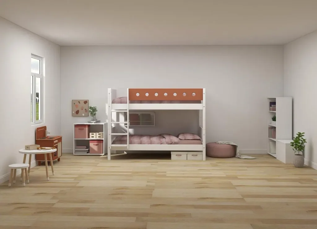 FLEXA Kinderbett, Etagenbett mit Gerader Leiter – Hochwertiges MDF und Kiefer, 90x200 cm, Platzsparende Lösung, Farbe: Weiß/Errröten