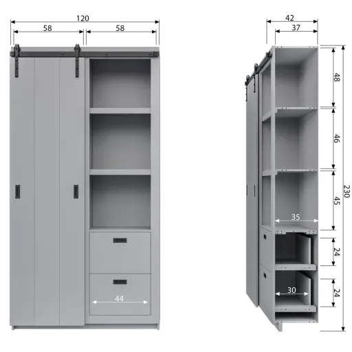Woood Schiebetür Schrank sägerau grau
