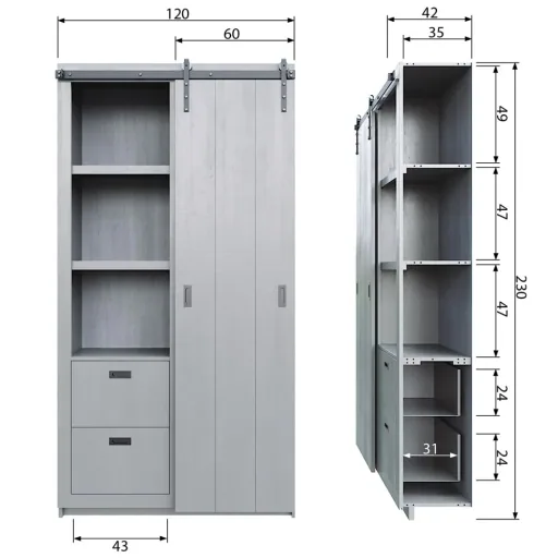 Woood Schiebetür Schrank sägerau grau