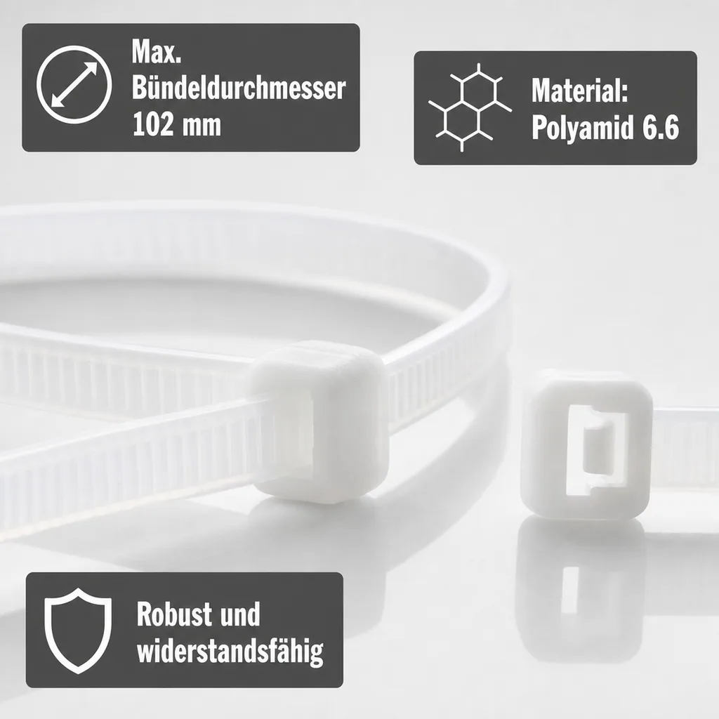 Kabelbinder, 100 Stück, 370x4,8mm natur, PA6.6 Kunststoffbinder