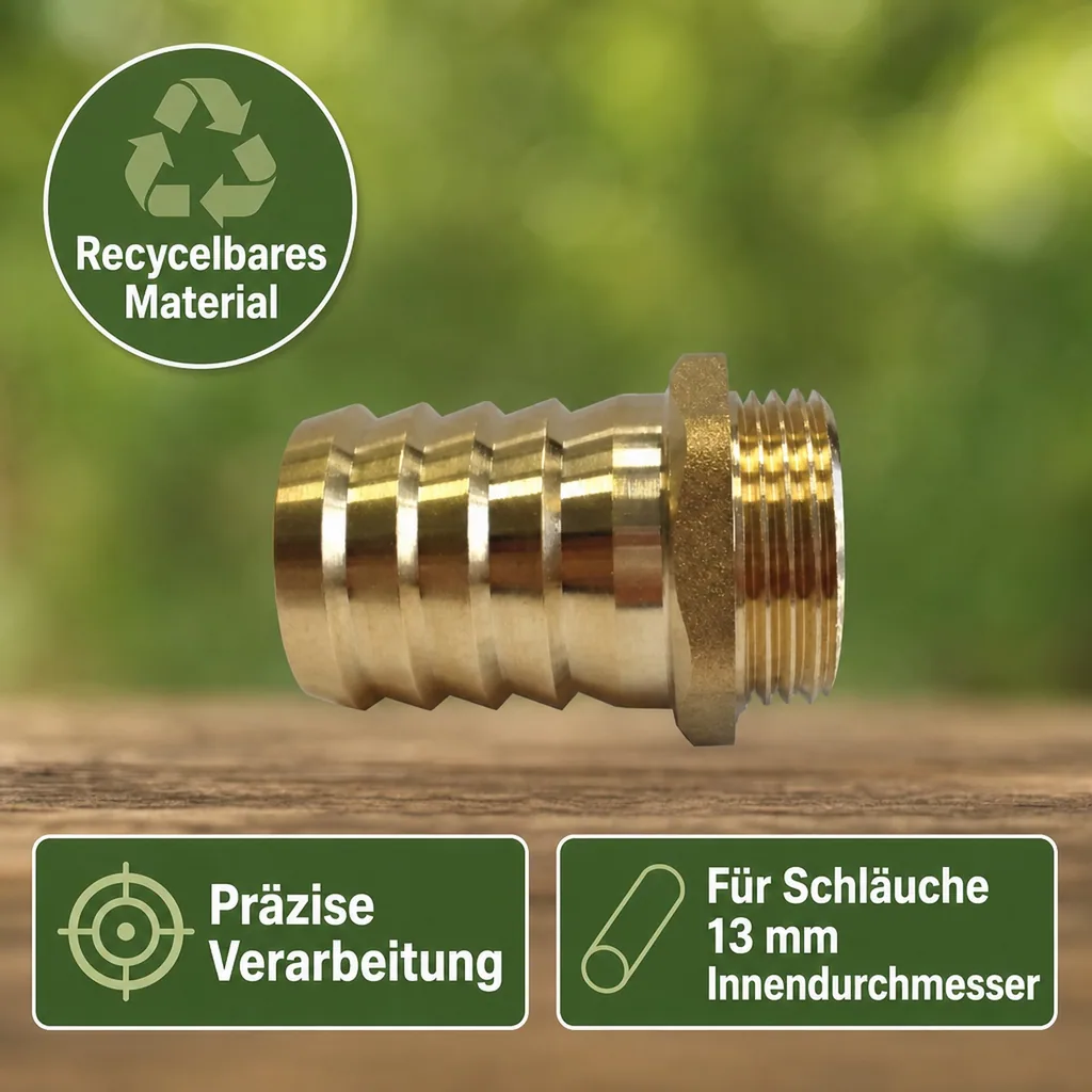 Schlauchanschluss Messing, 1/2 Zoll, 13mm, Außengewinde