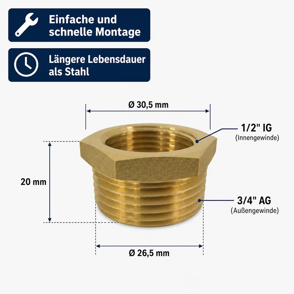 Messing Reduzierstück, Gewindefitting, 3/4" AG x 1/2" IG, Reduzierung