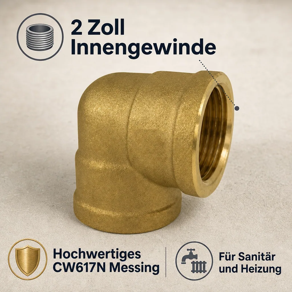 Messing Winkel 90 Grad, Gewindefitting Messing, 2 Zoll IG x IG, Rohrwinkel, Sanitär, Heizung