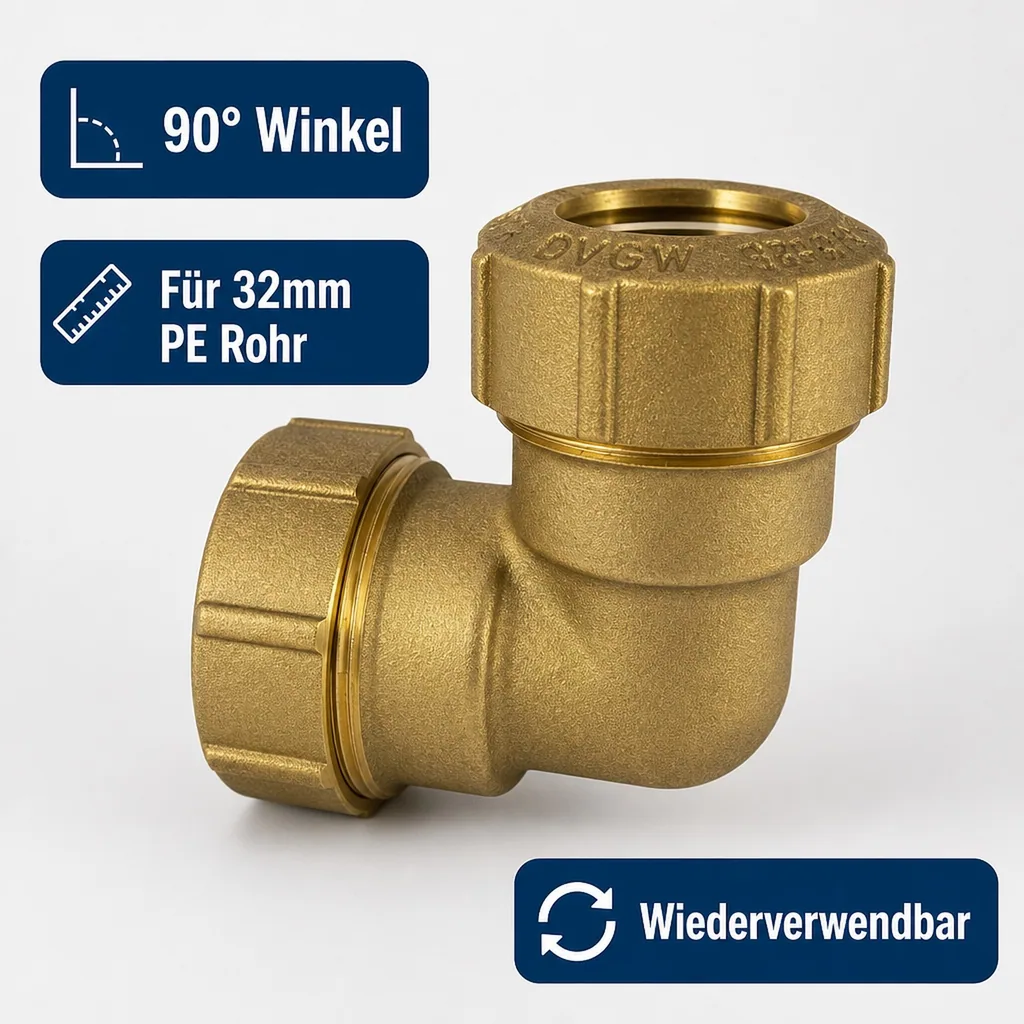 PE Rohr Verschraubung 32mm, Messing, Winkel 90°, Klemmverschraubung