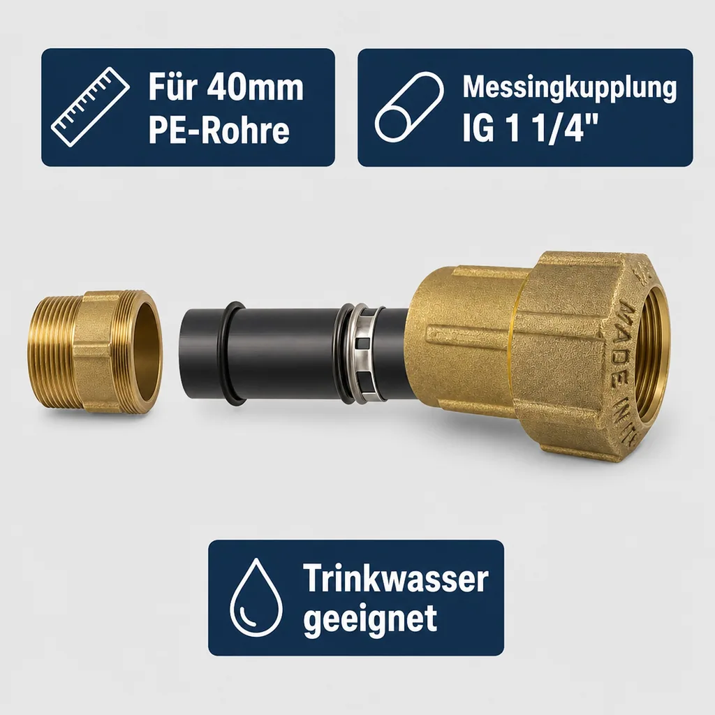 PE Rohr Verschraubung 40mm, Messing Kupplung IG 1 1/4", Trinkwasser